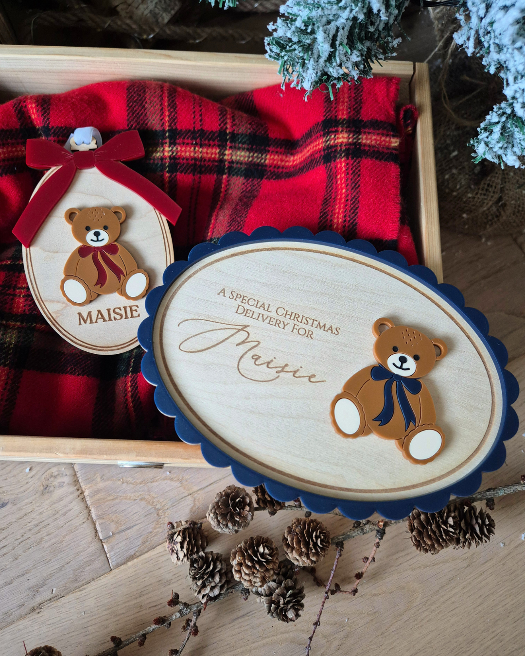 Personalised Vintage Christmas Teddy Bear Hanging Ornament - Acrylic and Maple Decoration
