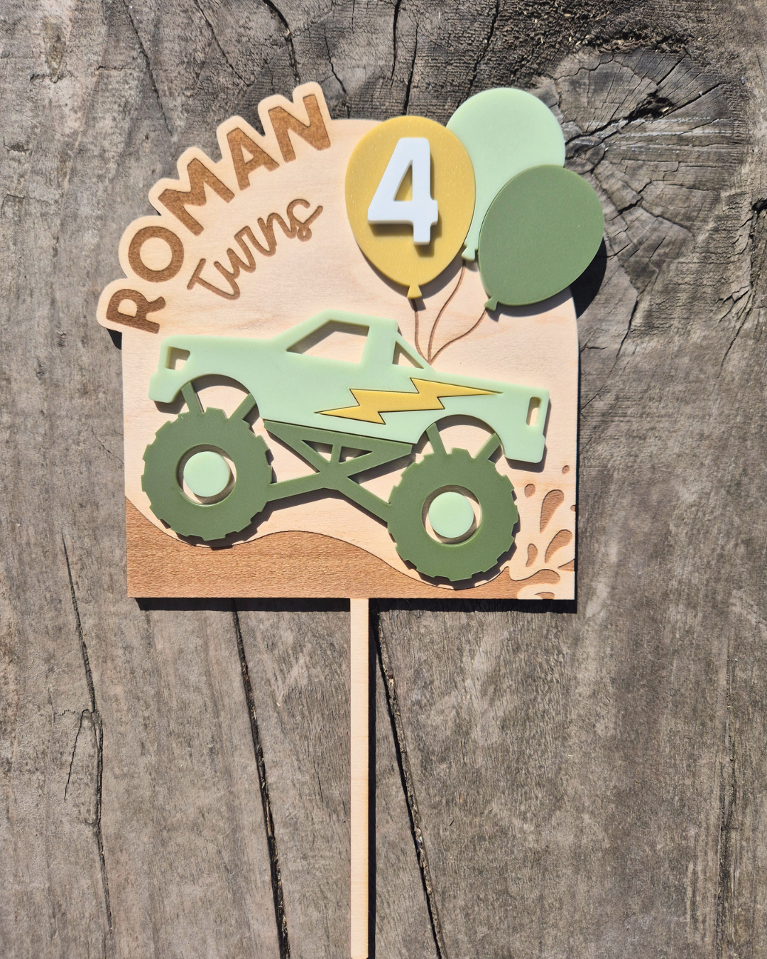 Monster Truck Cake Topper - Wooden and Acrylic Personalised Birthday Decoration