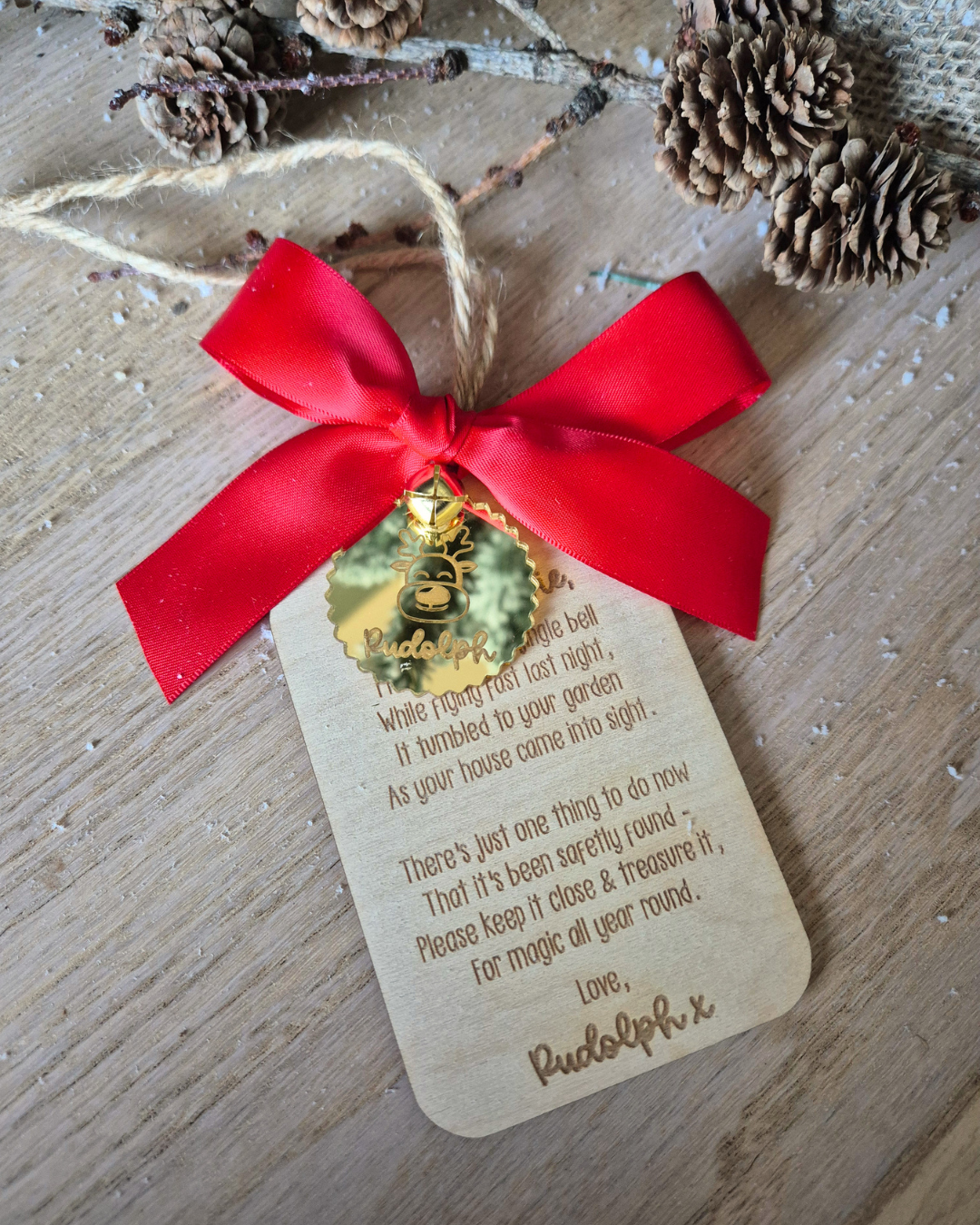 Rudolph's Lost Jingle Bell Ornament - Personalised Wooden Hanging Decoration