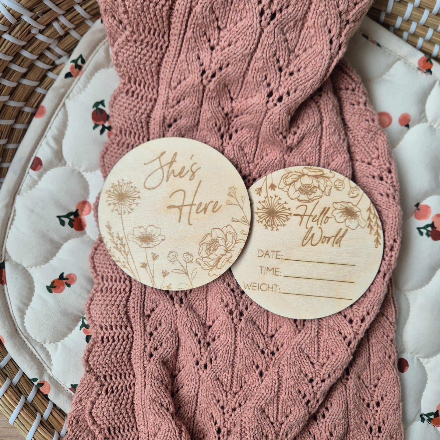 Hello World or She's Here Floral Birth Announcement Disc