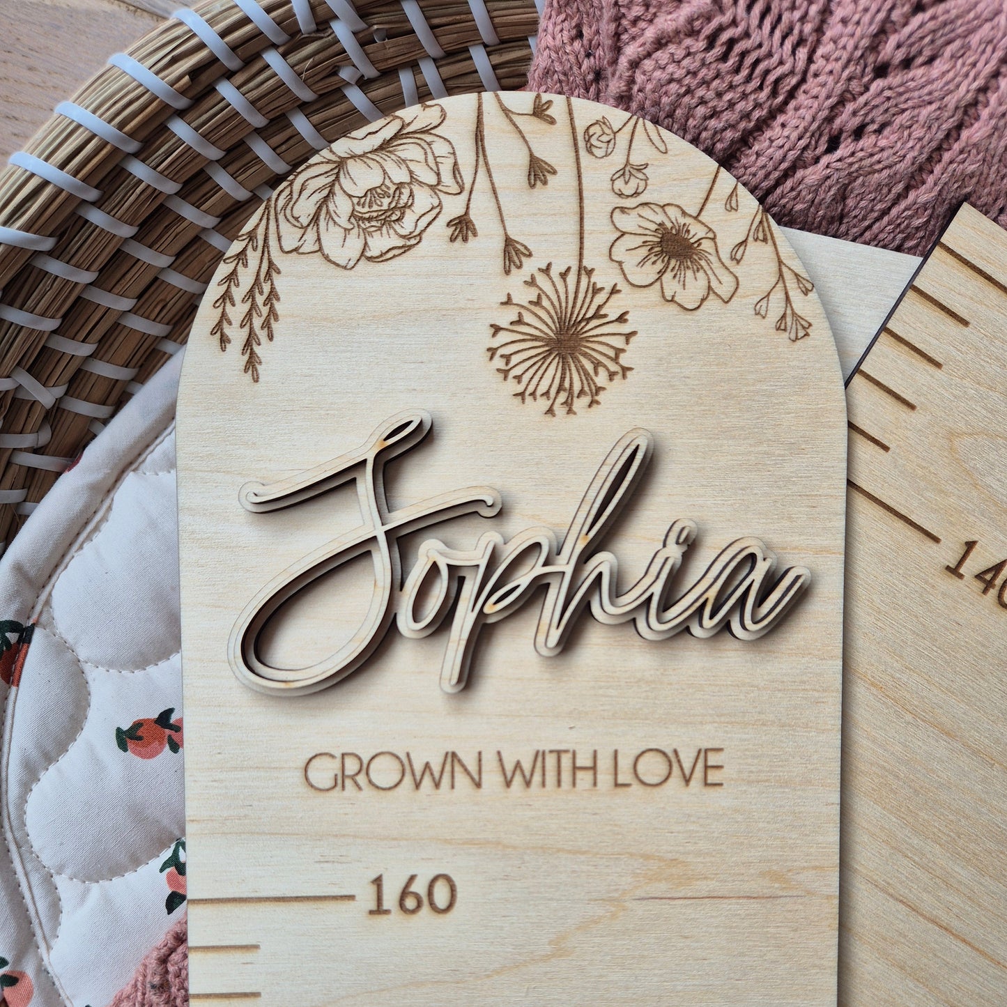 Personalised Wooden Height Chart - Floral Engraved Ruler for Nurseries and Playrooms