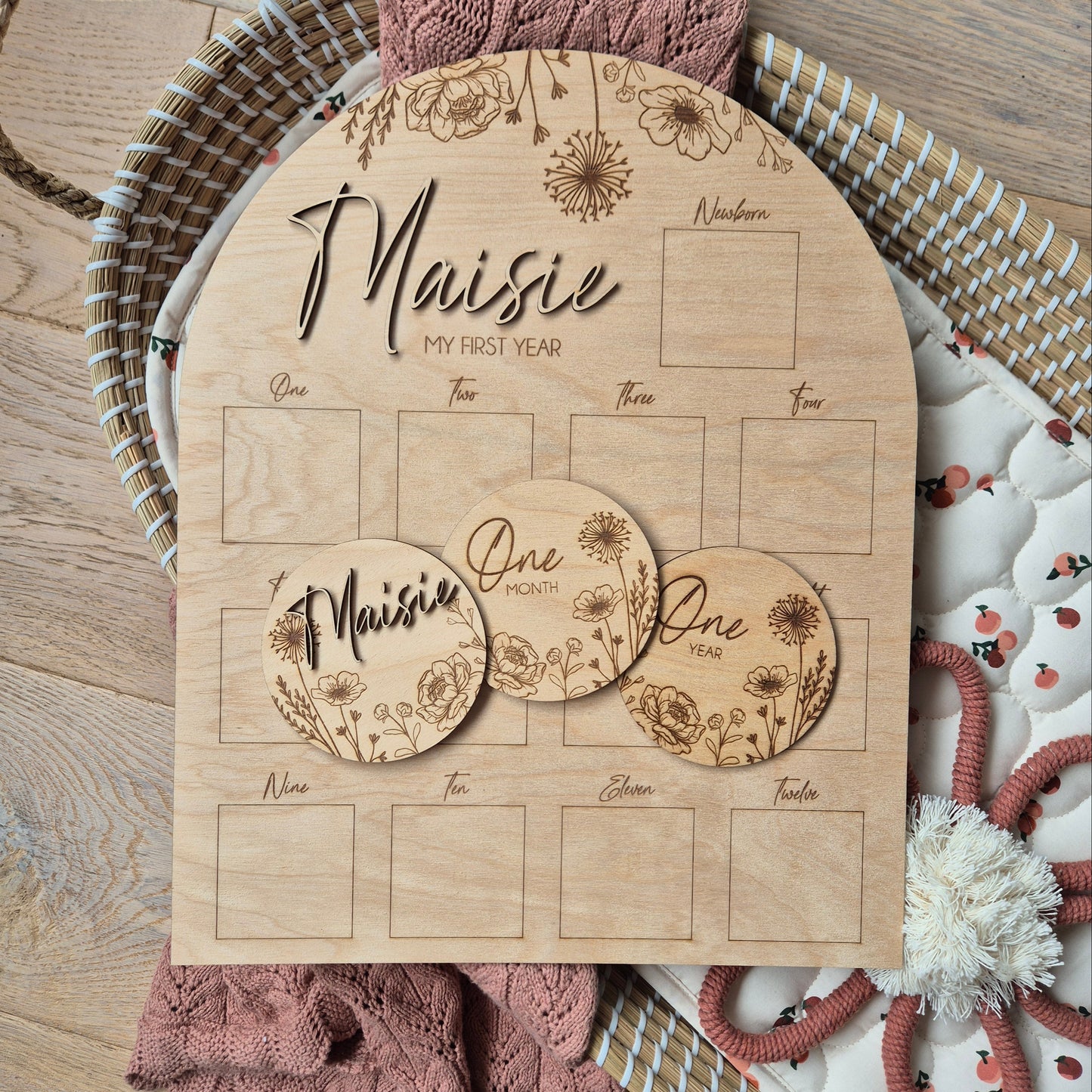 Floral My First Year Milestone Photo Board - First Birthday Photo Prop