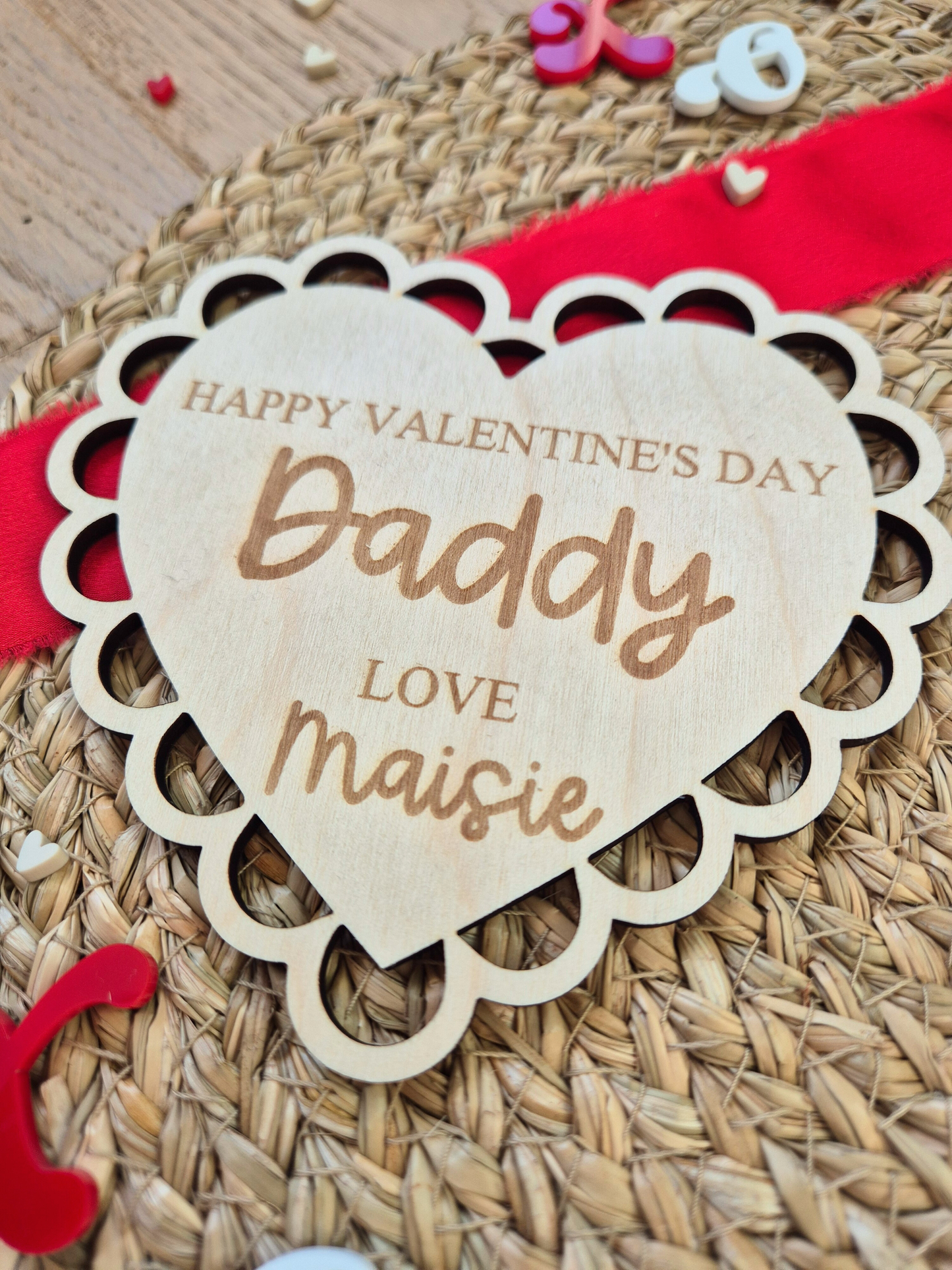 Lace Heart Happy Valentine's Engraved Keepsake - Personalised Hanging Sign or Fridge Magnet Keepsake