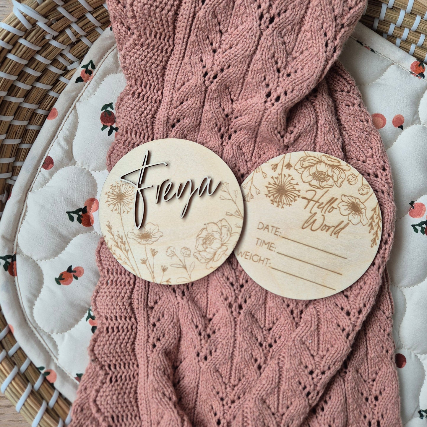 Personalised Floral Baby Birth Announcement Discs