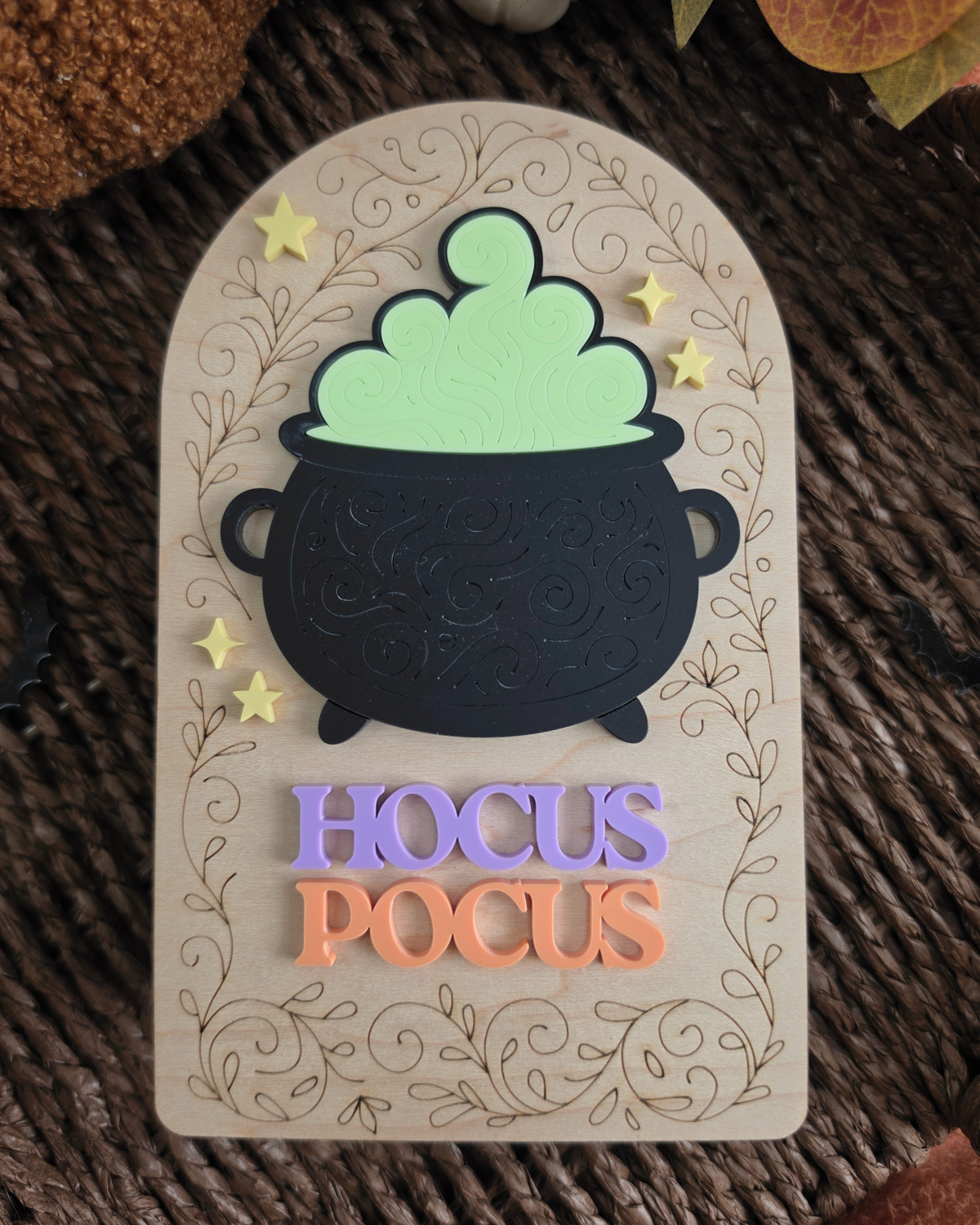 Hocus Pocus Cauldron Shelf Sitter - Engraved Wood and Acrylic Halloween Sign