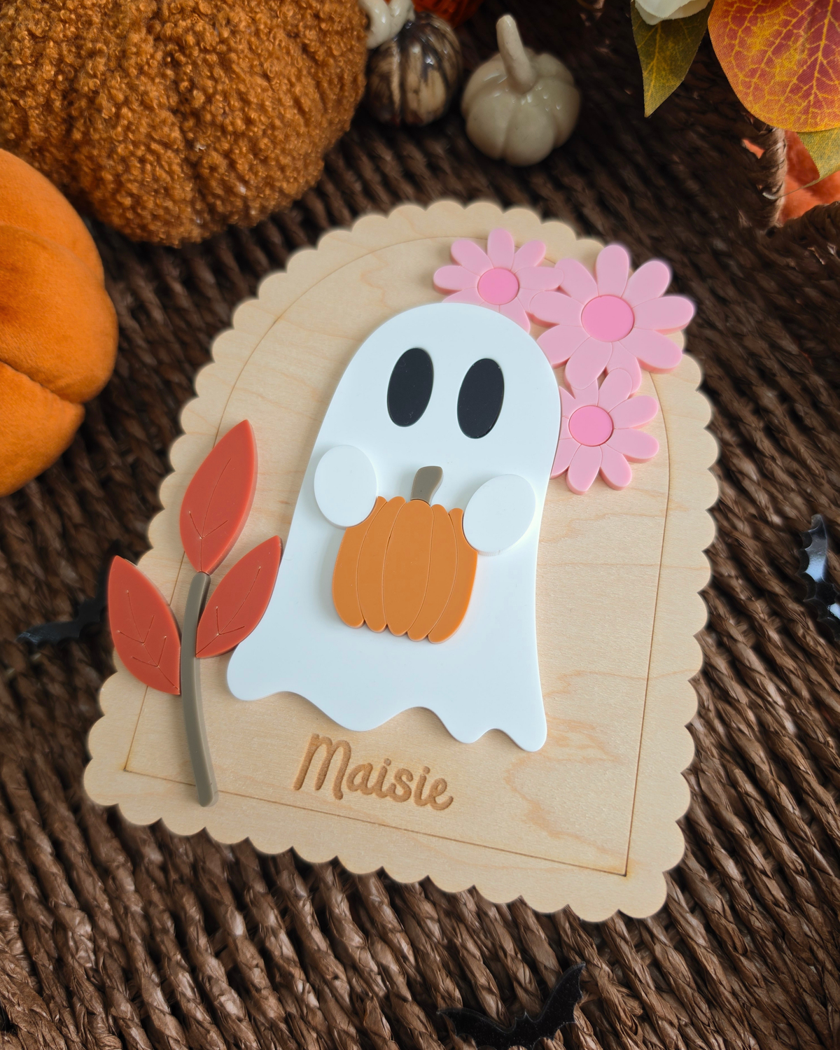 Floral Ghost Wooden Shelf Sitter - Personalised Acrylic Boo Basket Plaque