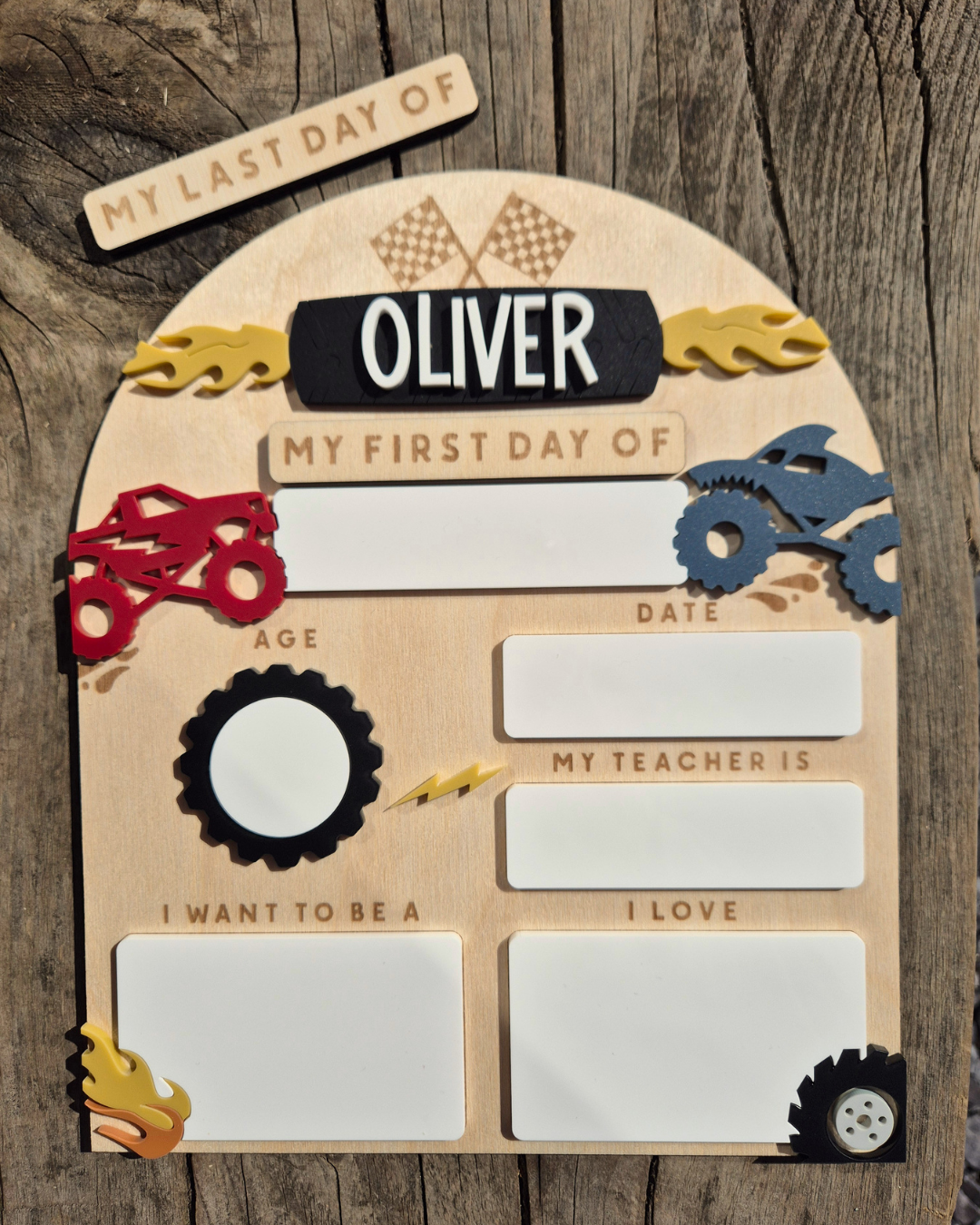 Personalised Monster Truck Back to School Board - Reusable Wooden and Acrylic Sign