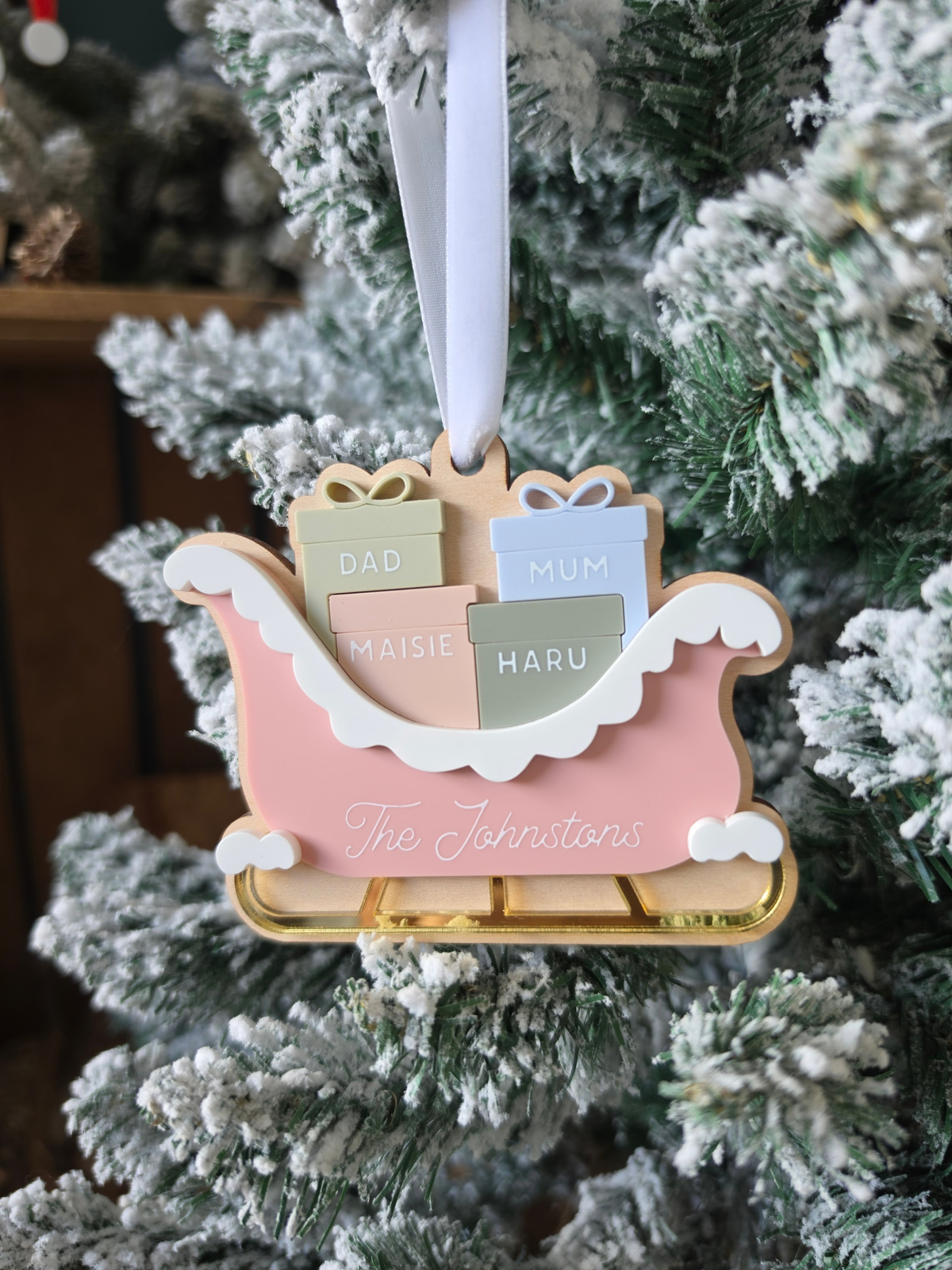 * LIMITED EDITION * Personalised Family Sleigh and Presents Ornament - Wooden and Acrylic Tree Decoration