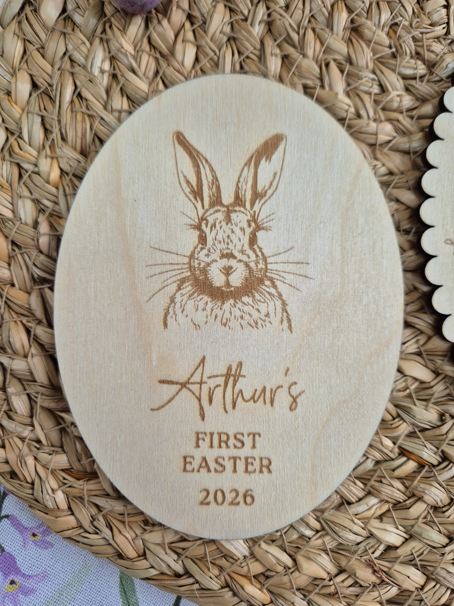Baby's First Easter Wooden Milestone Keepsake - Personalised Engraved Vintage Rabbit Oval Photo Prop