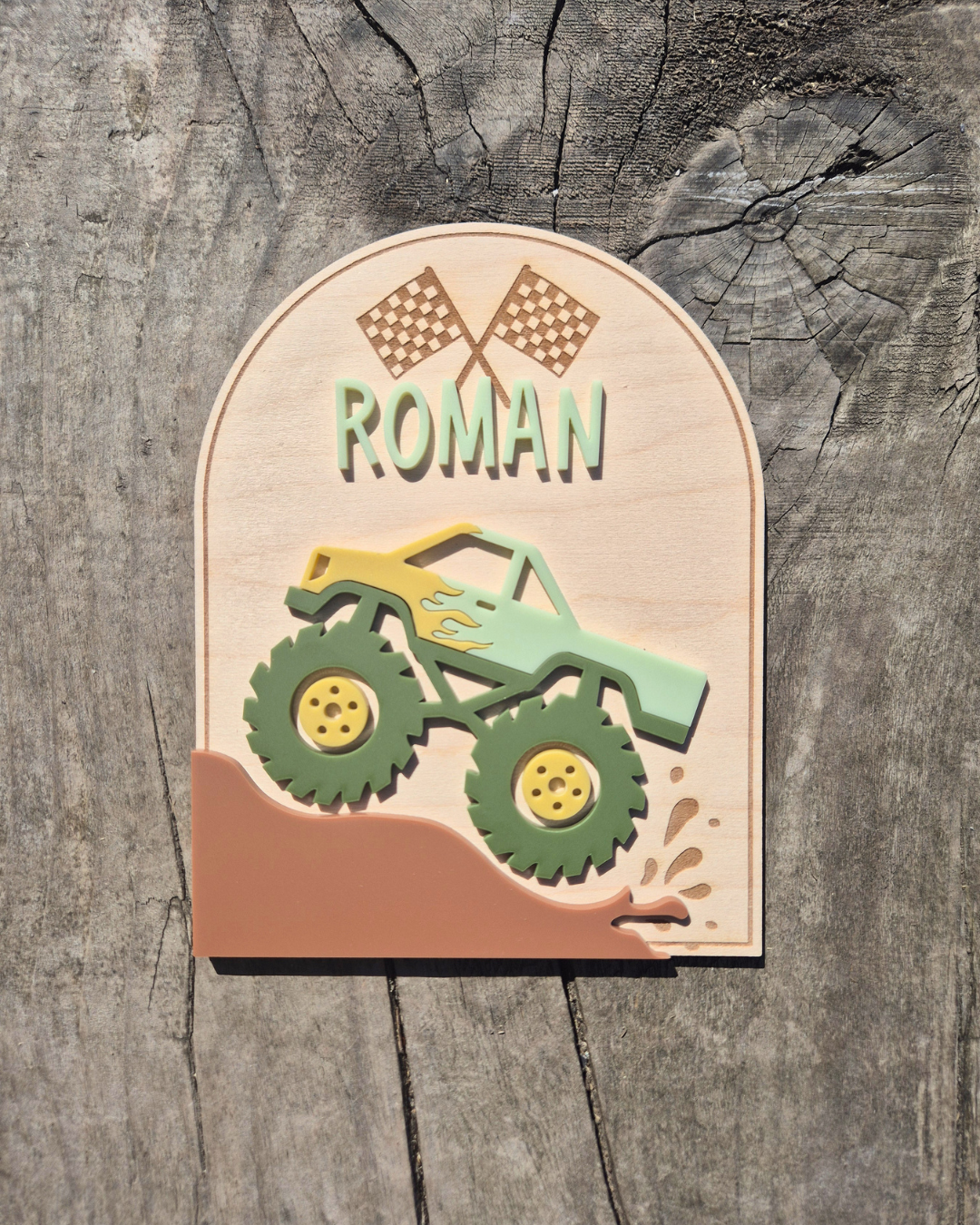 Monster Truck Birth Announcement - Wooden and Acrylic Personalised Name Sign