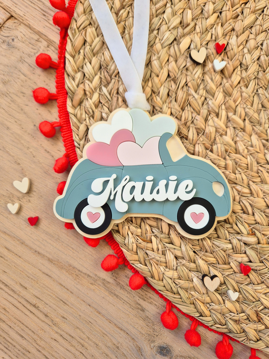 Personalised Love Beetle Car Basket Tag – Valentine’s Wooden and Acrylic Name Decoration
