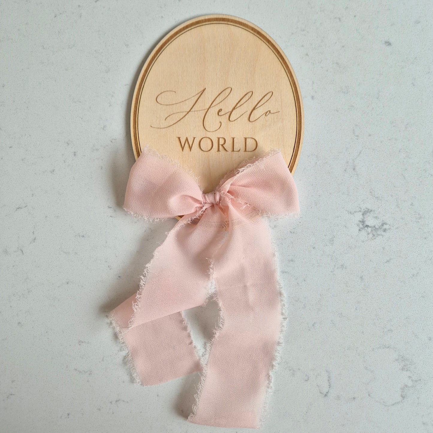 Vintage Oval Baby Birth Announcement - 'Hello World' Plaque with Bow