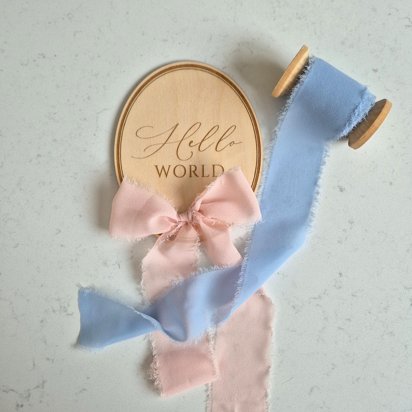 Vintage Oval Baby Birth Announcement - 'Hello World' Plaque with Bow