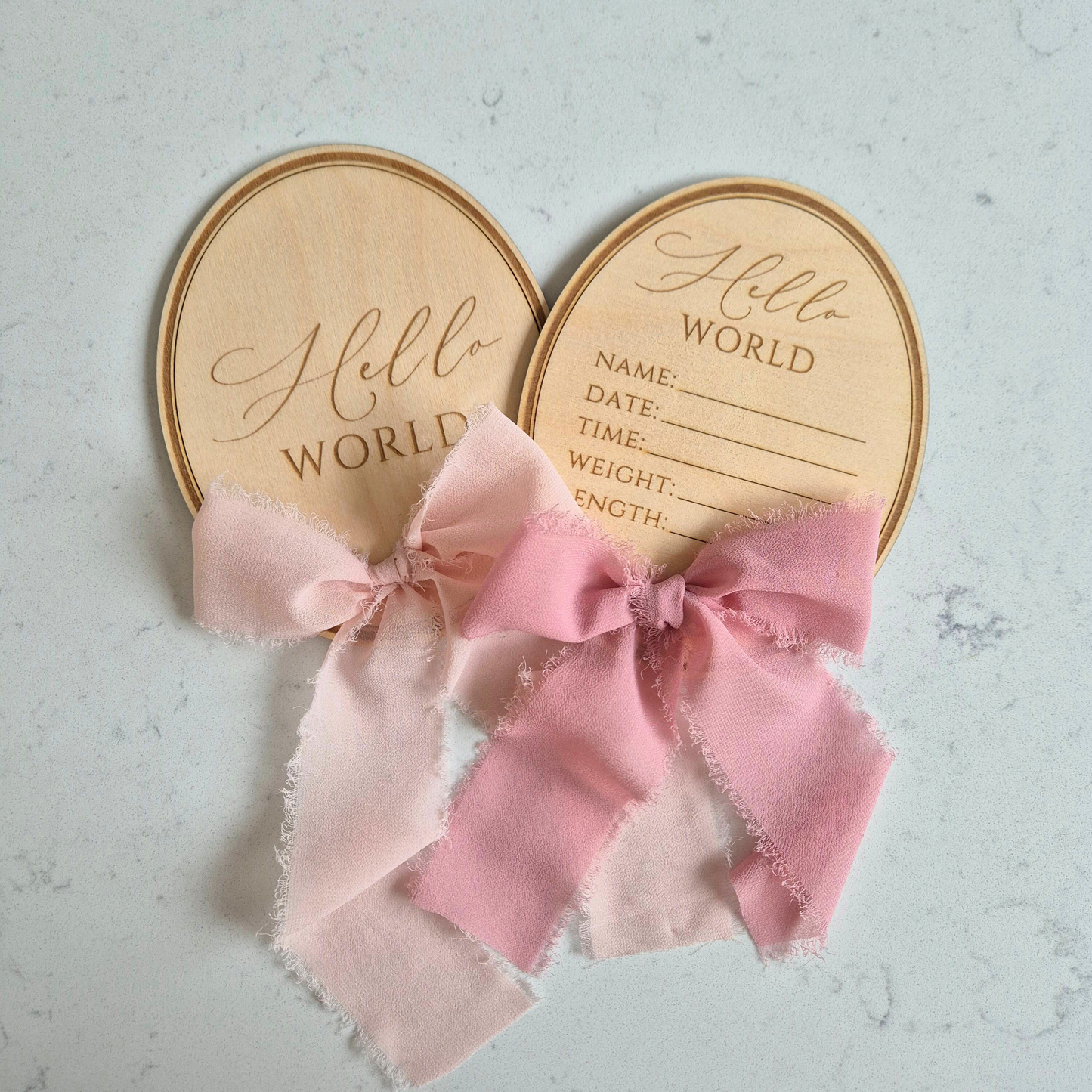 Vintage Oval Baby Birth Announcement - 'Hello World' Plaque with Bow