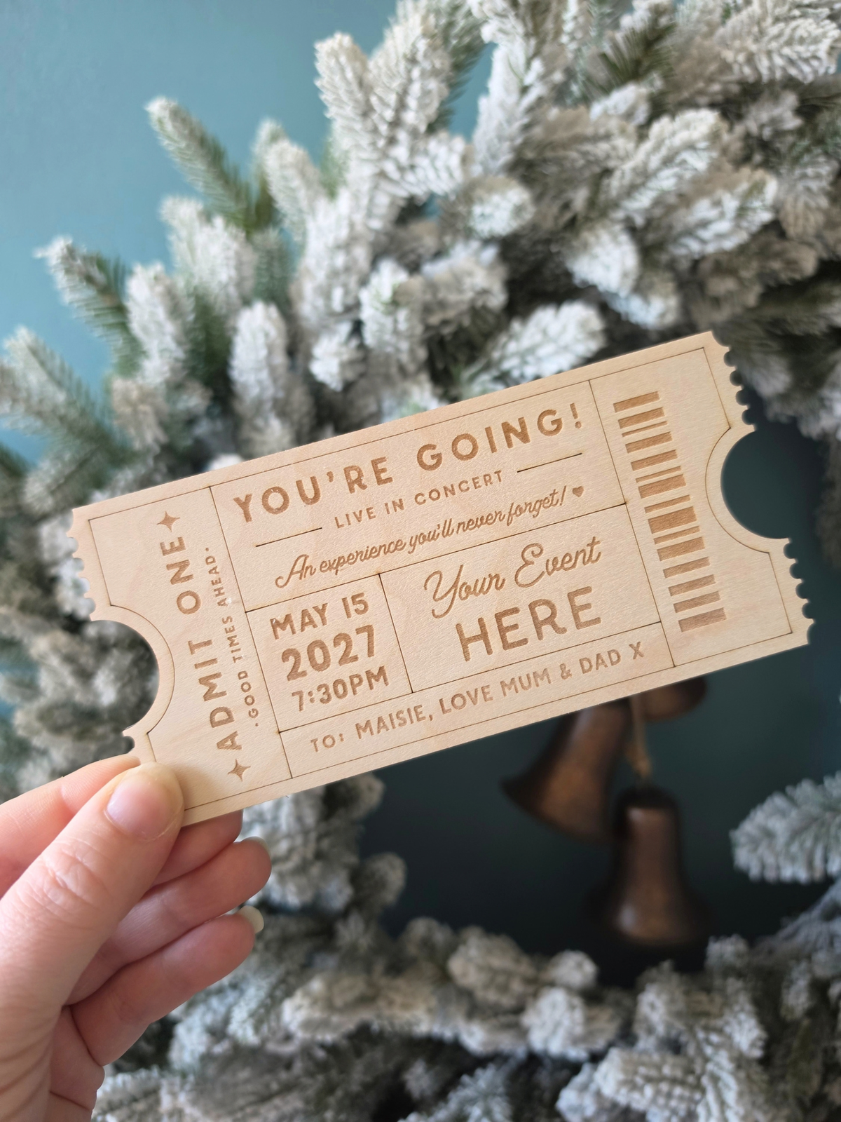 Engraved Wooden Concert Ticket - Personalised Gift Announcement