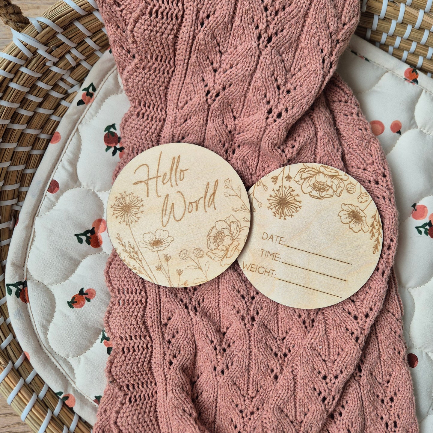 Hello World or She's Here Floral Birth Announcement Disc
