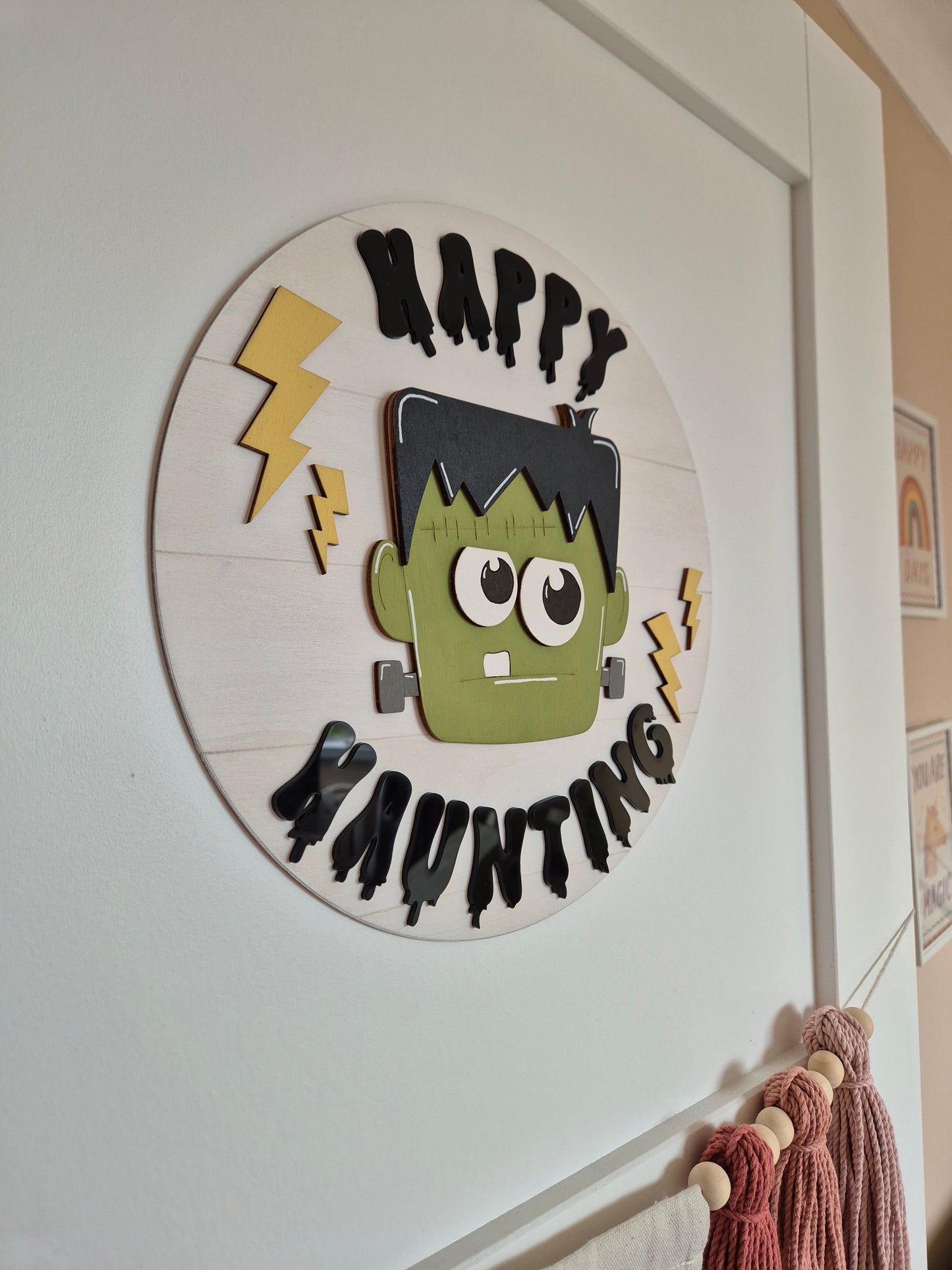 Frankenstein Happy Haunting Round Door Sign | Hand-painted Wall Sign
