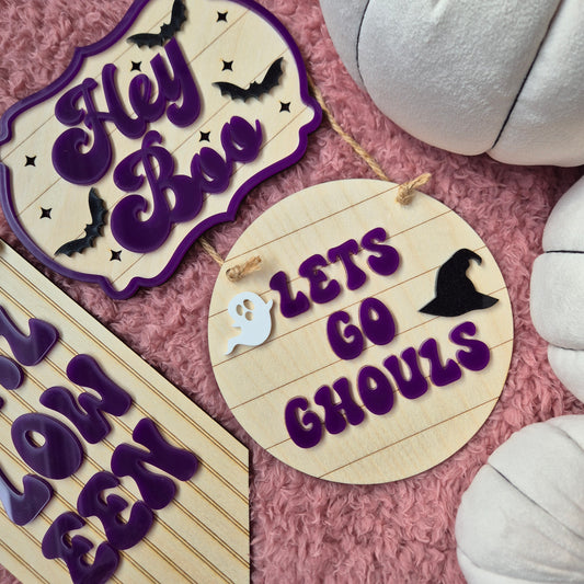 Let's Go Ghouls Purple Hanging Sign | Wooden and Acrylic Halloween Decor