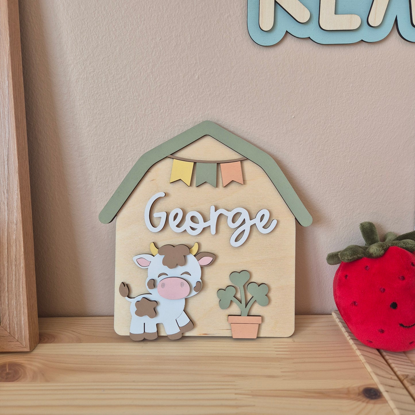 Personalised Cow Barn Name Sign - Farm-themed Nursery and Playroom Shelf Sitter