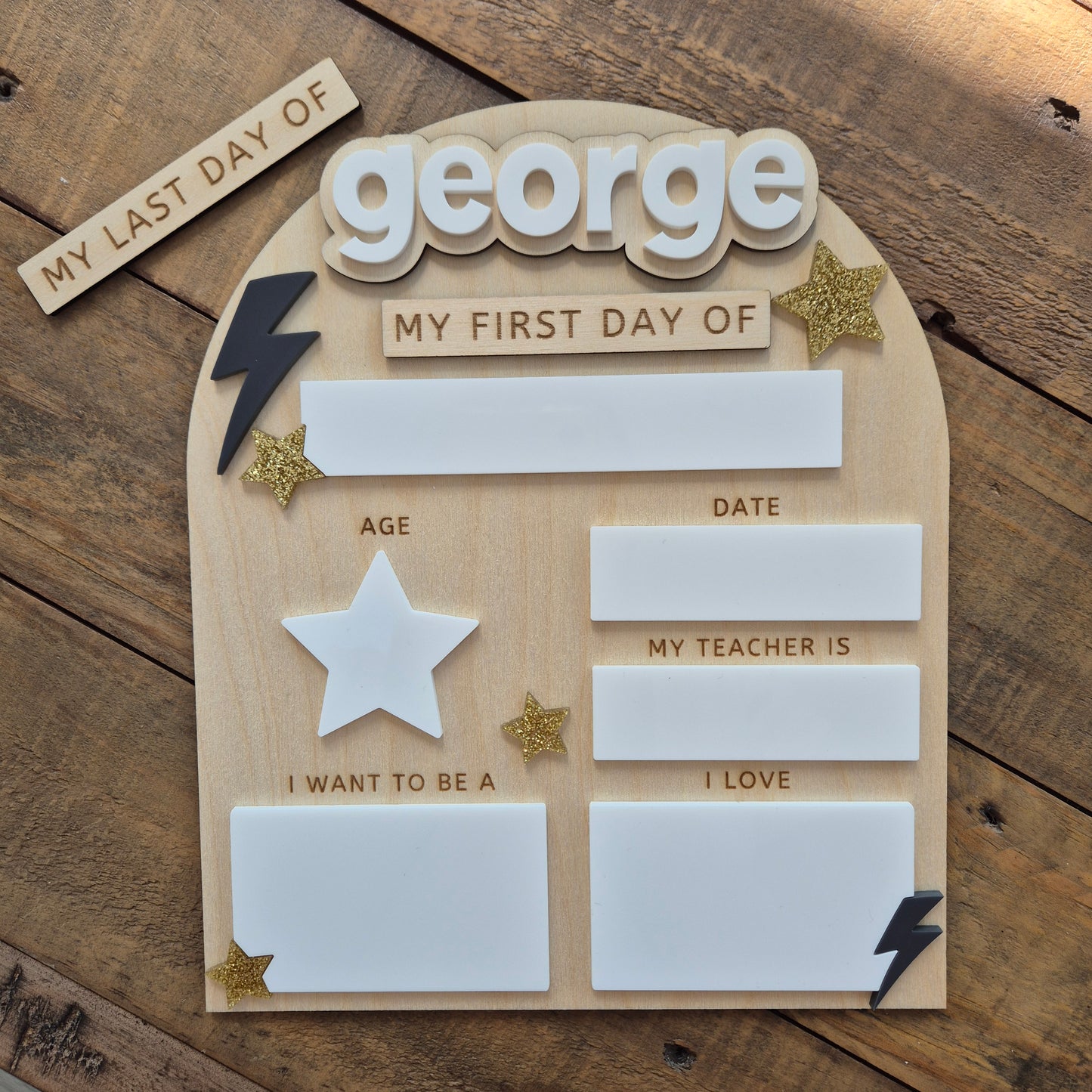 Personalised Lightening Bolt Back to School Board - Reusable Wooden and Acrylic Sign