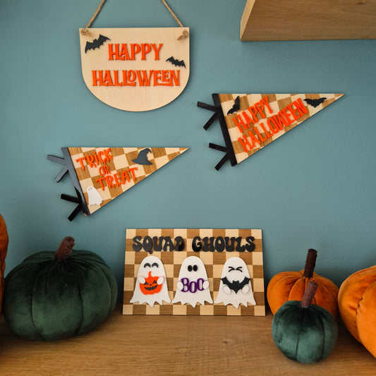 Happy Halloween Checkerboard Wooden and Acrylic Pennant Flag