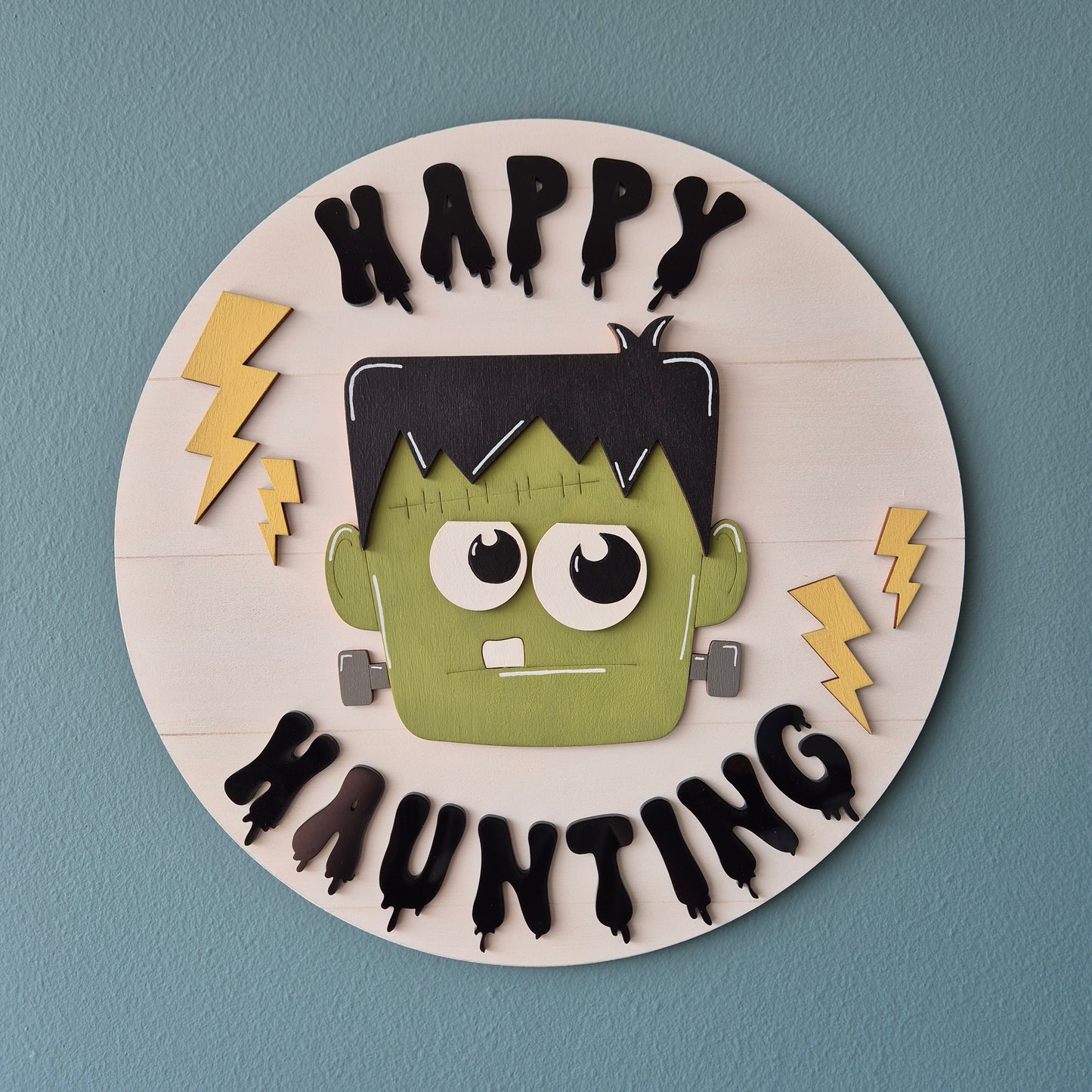Frankenstein Happy Haunting Round Door Sign | Hand-painted Wall Sign