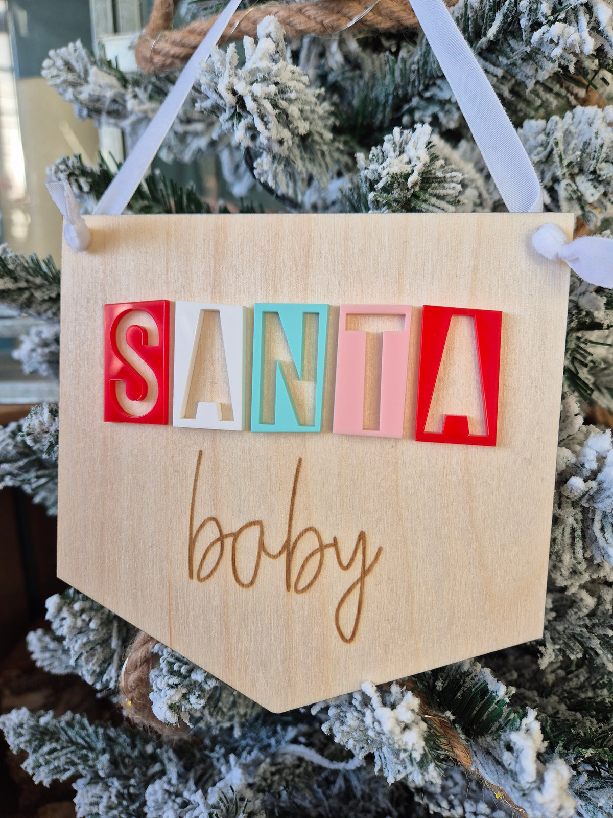 Santa Baby Retro Acrylic and Wooden Flag Hanging Sign