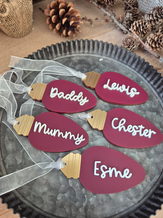 Christmas Lightbulb Hanging Ornament - Personalised Name Gift Tag