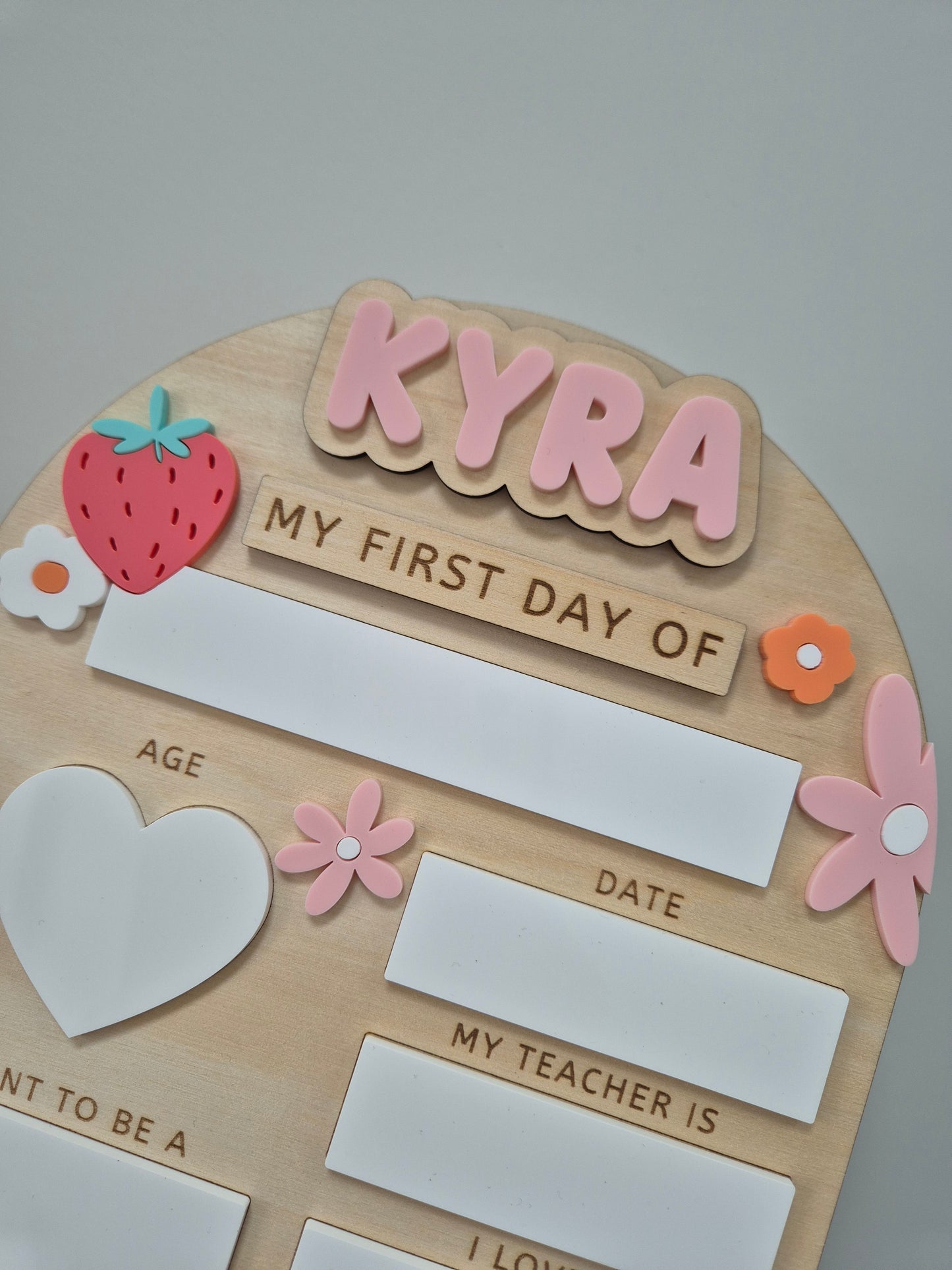 Personalised Strawberry Flowers Back to School Board - Reusable Wooden and Acrylic Sign