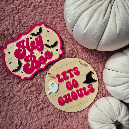 Let's Go Ghouls Pink Hanging Sign | Round Halloween Decoration