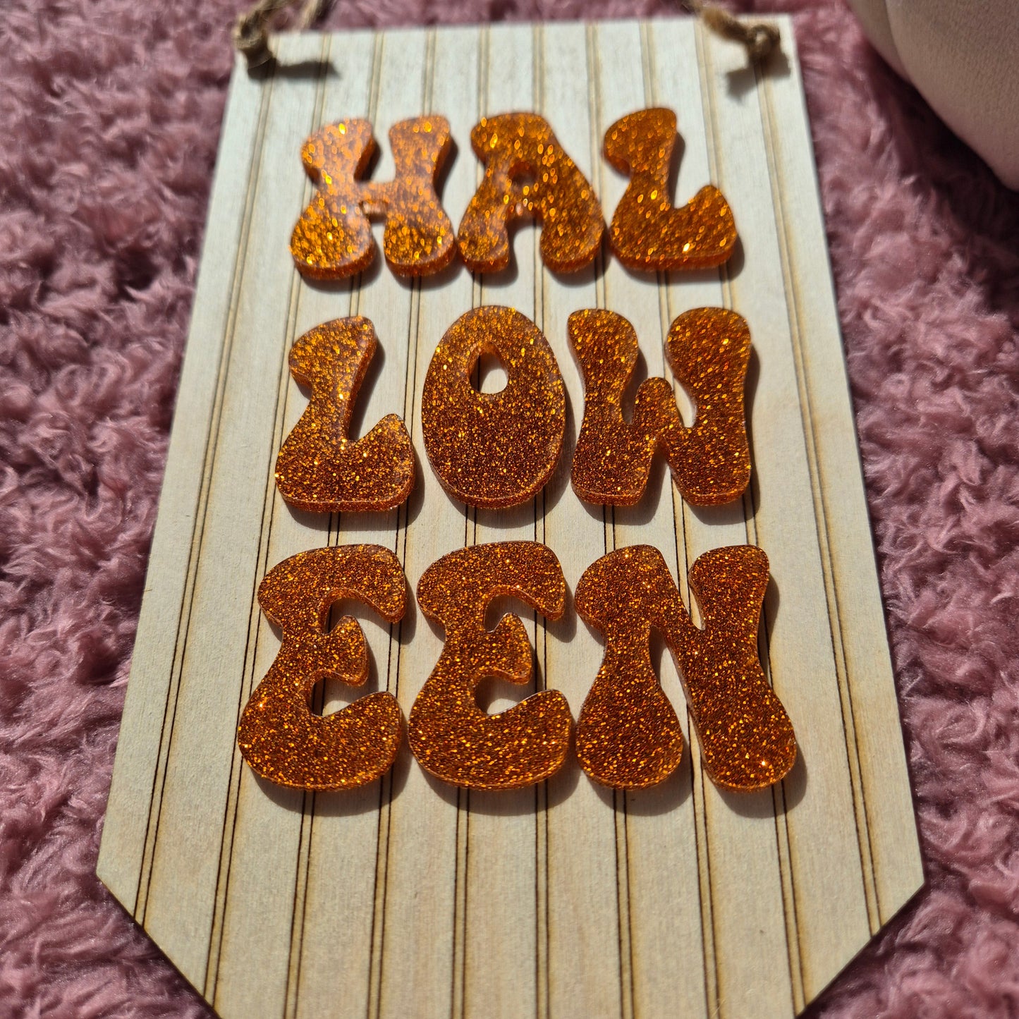 Retro Halloween Hanging Sign | Acrylic and Pinstripe Wooden Hanger