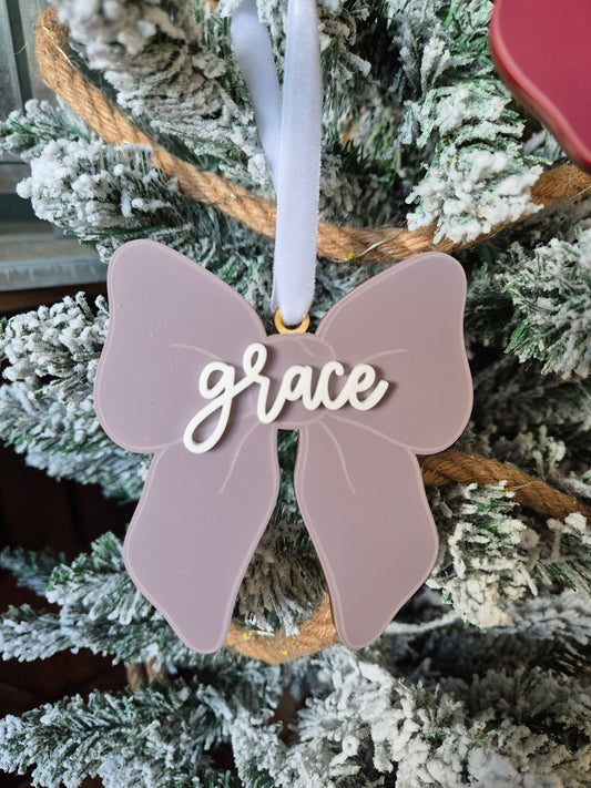 Christmas Bow Name Stocking Tag - Acrylic and Wooden Hanging Decoration