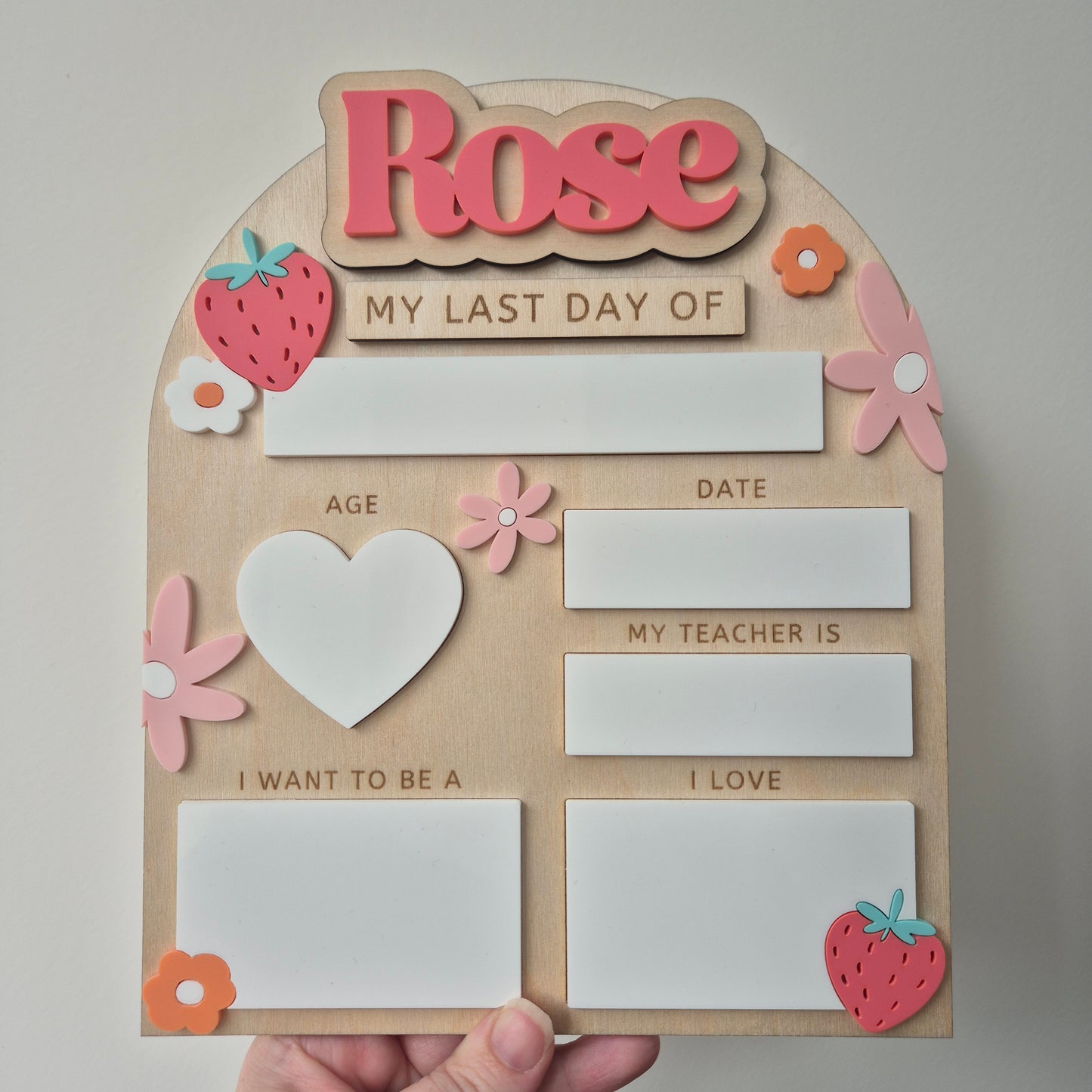 Personalised Strawberry Flowers Back to School Board - Reusable Wooden and Acrylic Sign