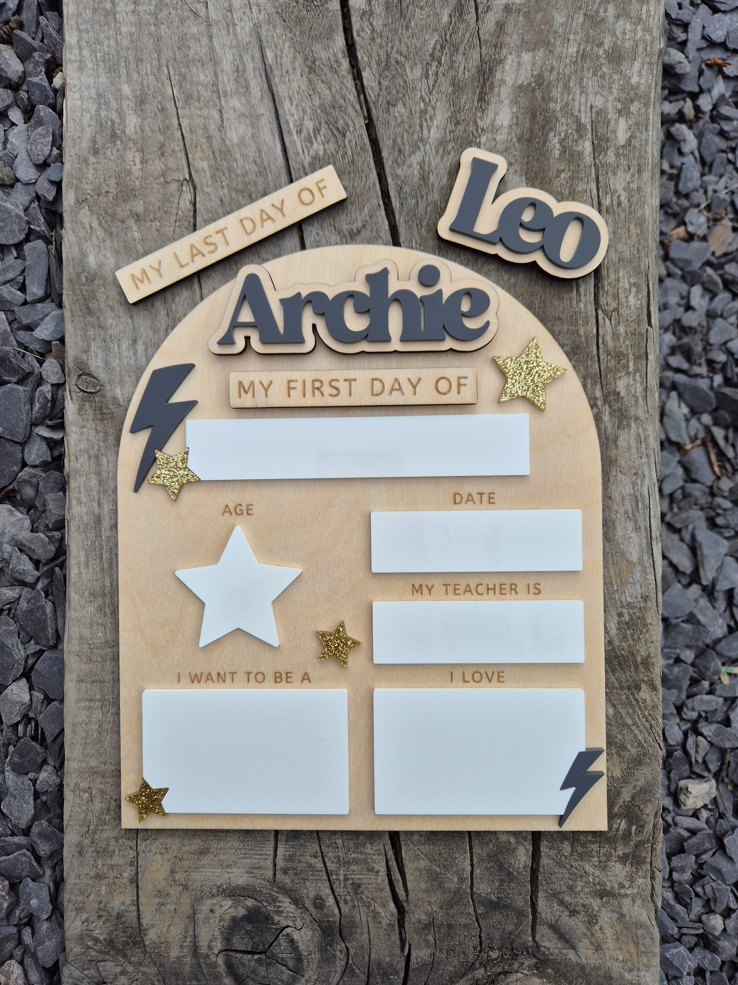 Personalised Lightening Bolt Back to School Board - Reusable Wooden and Acrylic Sign