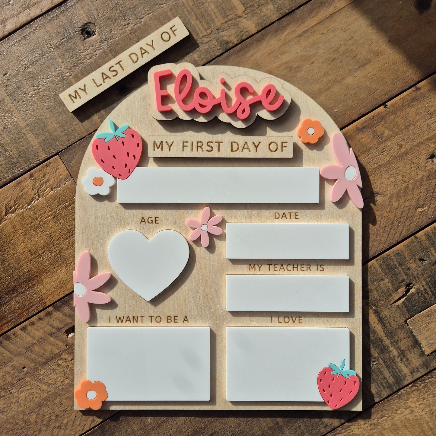 Personalised Strawberry Flowers Back to School Board - Reusable Wooden and Acrylic Sign