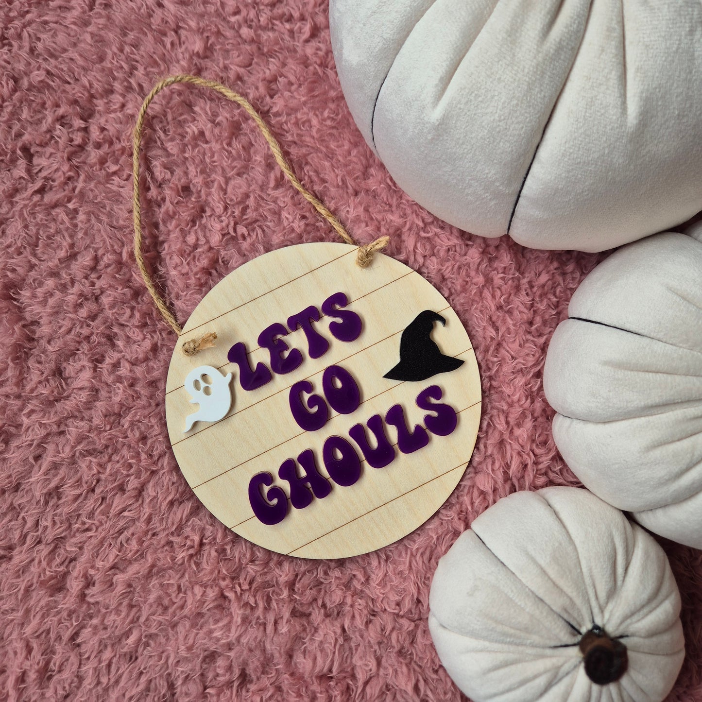 Let's Go Ghouls Purple Hanging Sign | Wooden and Acrylic Halloween Decor