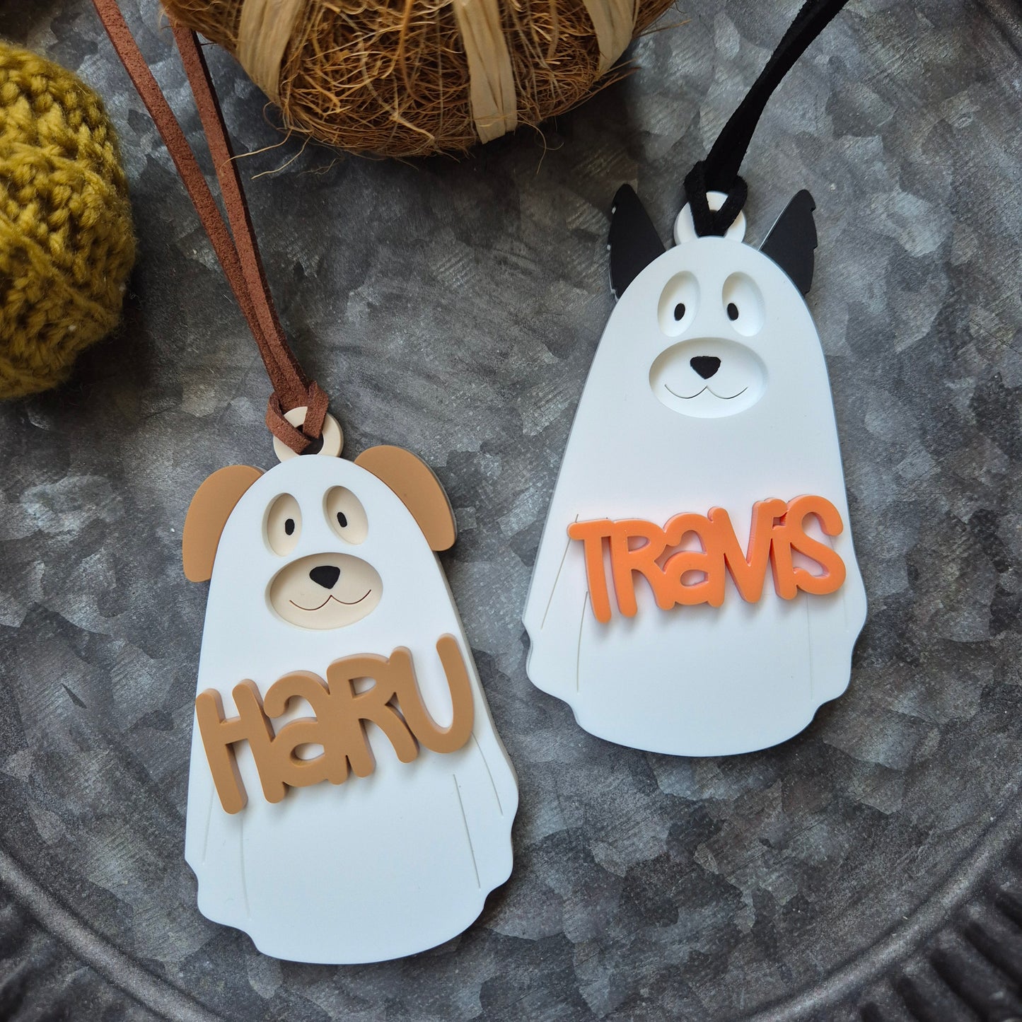 Ghost Dog Halloween Name Tag | Customised Pet Acrylic Keychain Gift