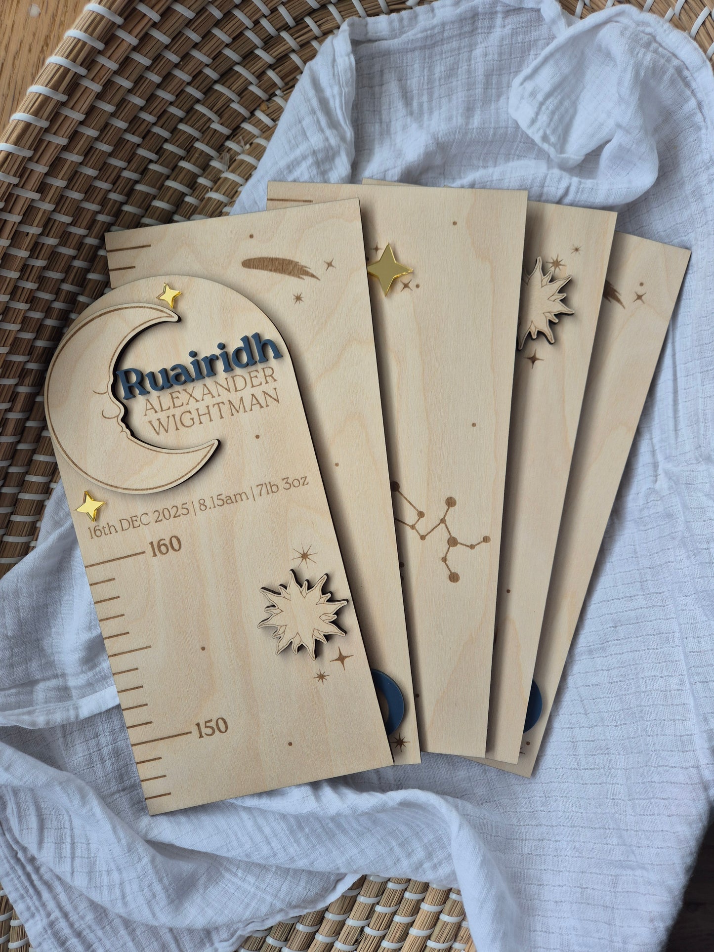 Personalised Celestial Wooden Height Chart - Sun, Moon and Stars Themed Engraved Growth Ruler