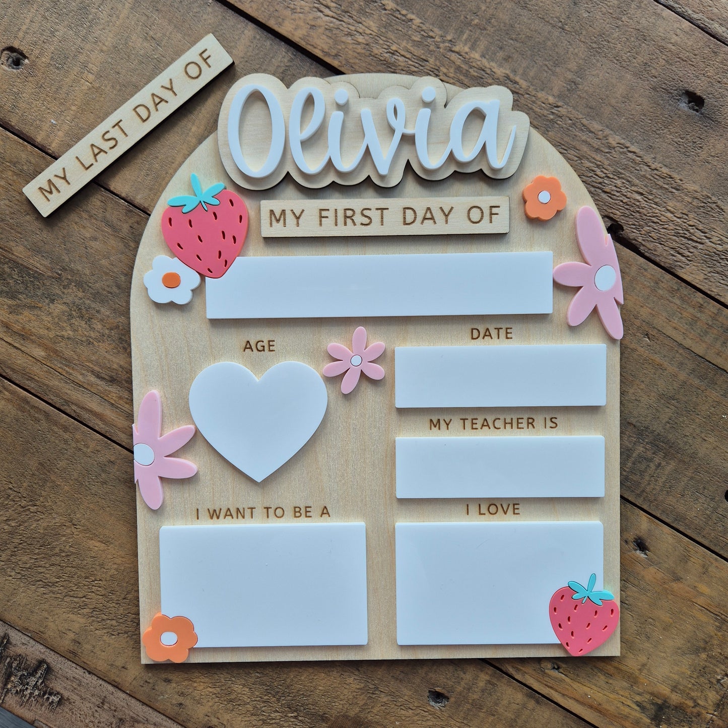 Personalised Strawberry Flowers Back to School Board - Reusable Wooden and Acrylic Sign