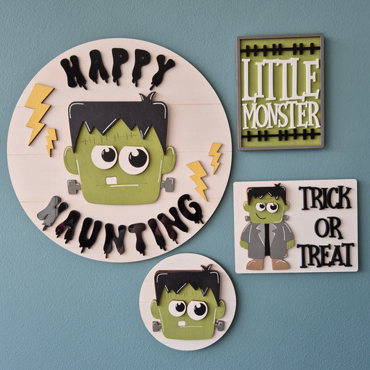 Frankenstein Happy Haunting Round Door Sign | Hand-painted Wall Sign
