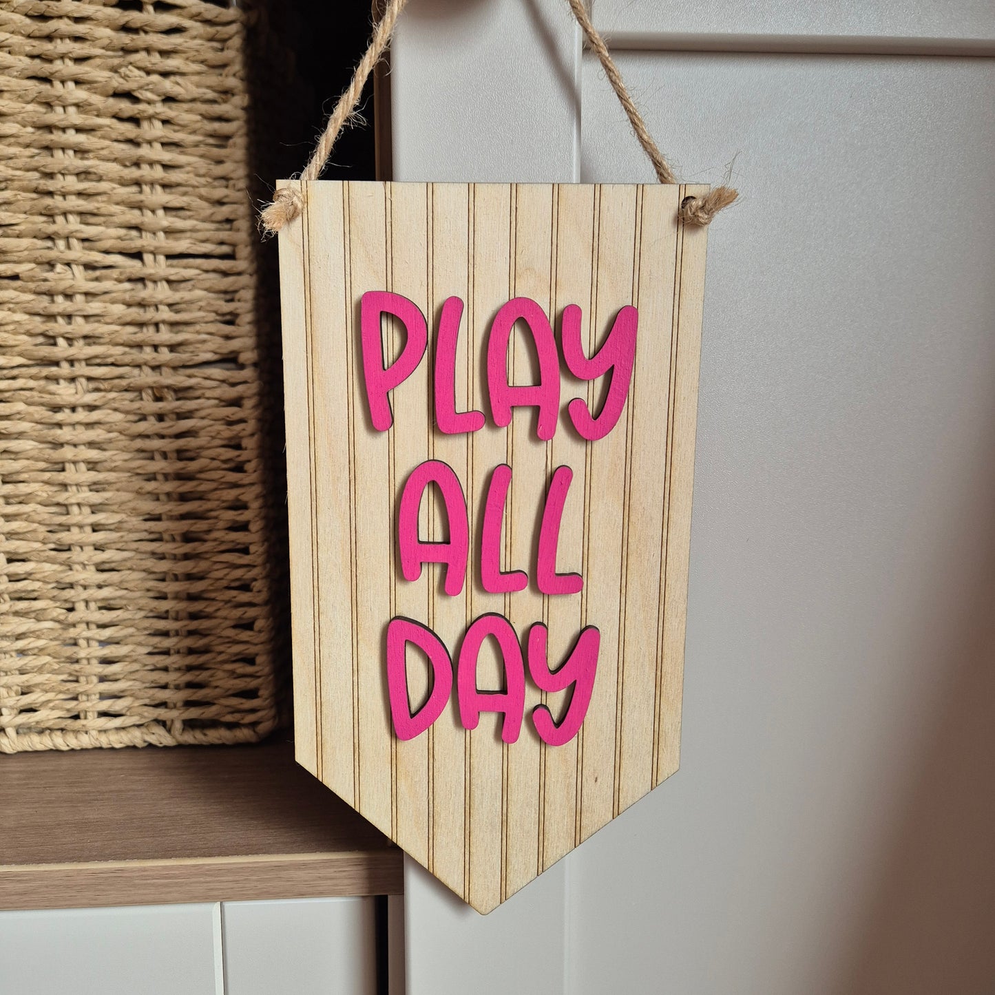 'Play All Day' (Pink) Striped Wooden Hanging Pennant Sign