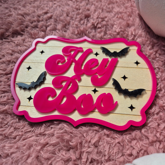 Hey Boo Retro Hot Pink Sign| Wooden and Acrylic Halloween Decor