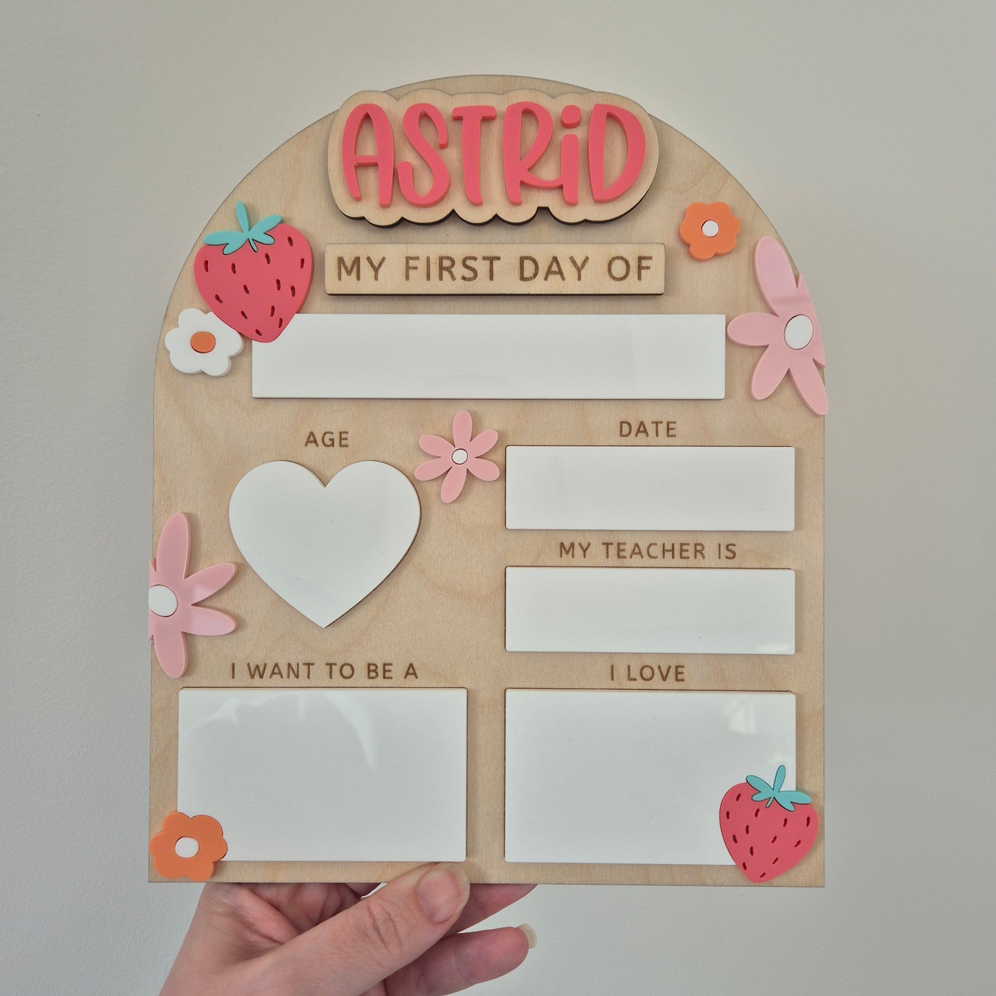 Personalised Strawberry Flowers Back to School Board - Reusable Wooden and Acrylic Sign