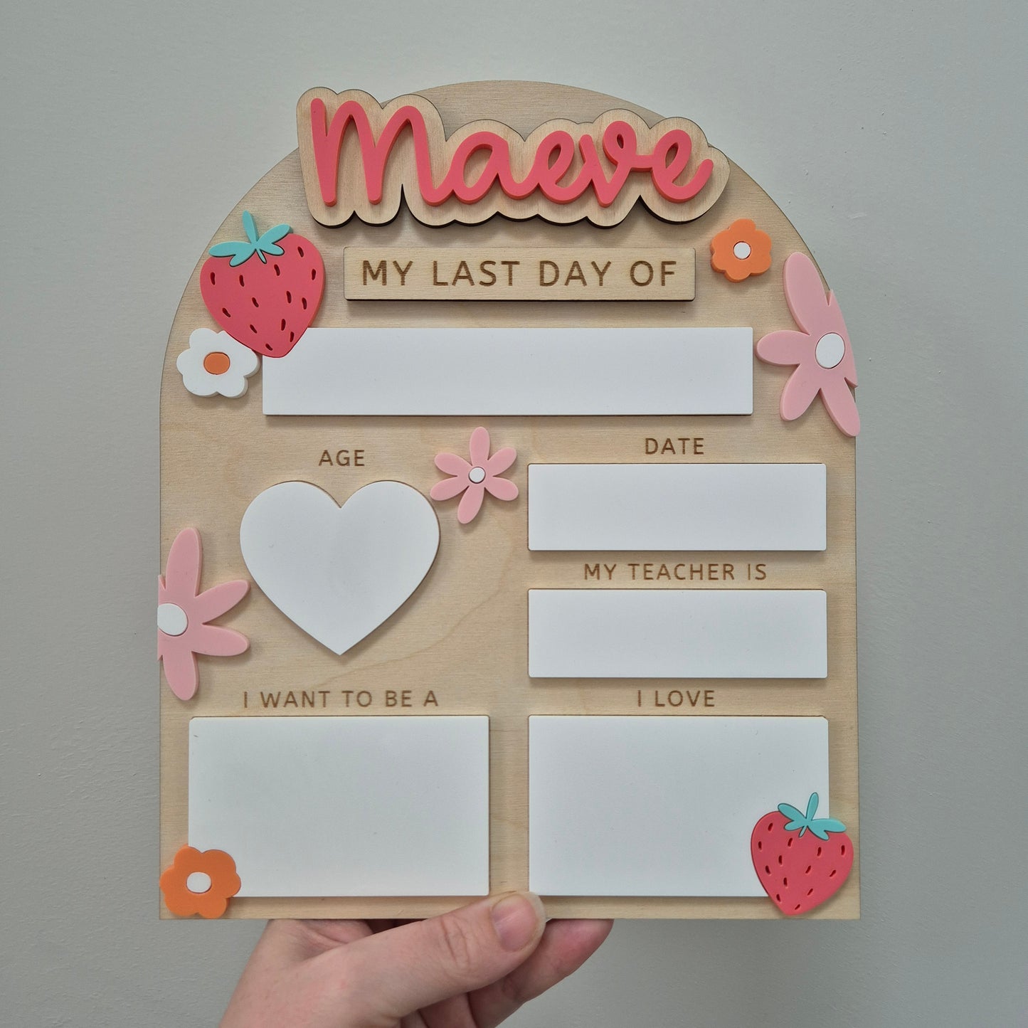Personalised Strawberry Flowers Back to School Board - Reusable Wooden and Acrylic Sign