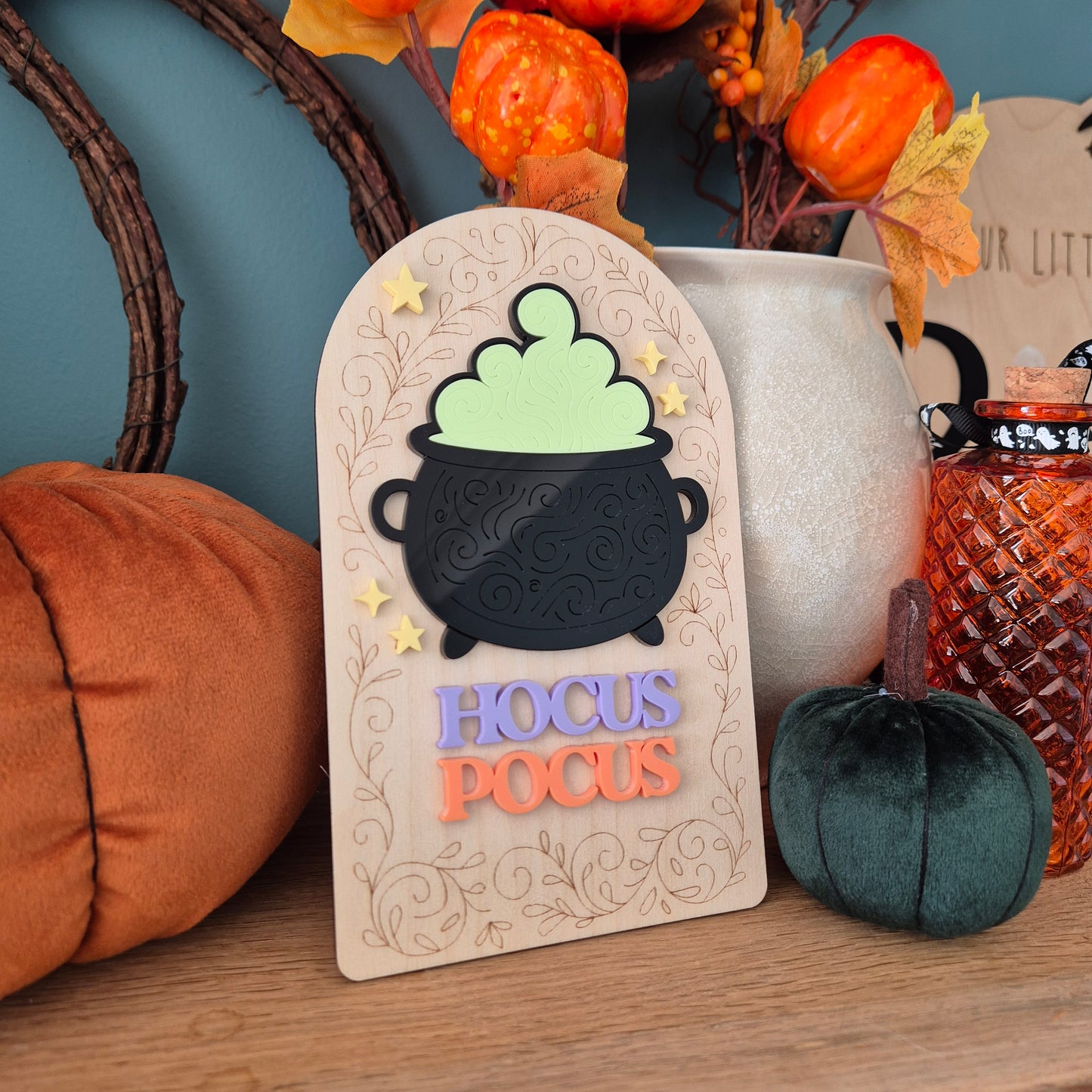 Hocus Pocus Cauldron Shelf Sitter: Engraved Wood and Acrylic Halloween Sign