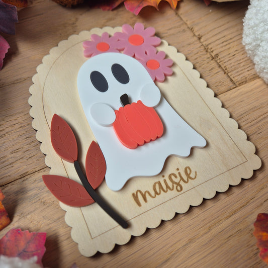 Floral Ghost Wooden Shelf Sitter | Personalised Acrylic Boo Basket Plaque
