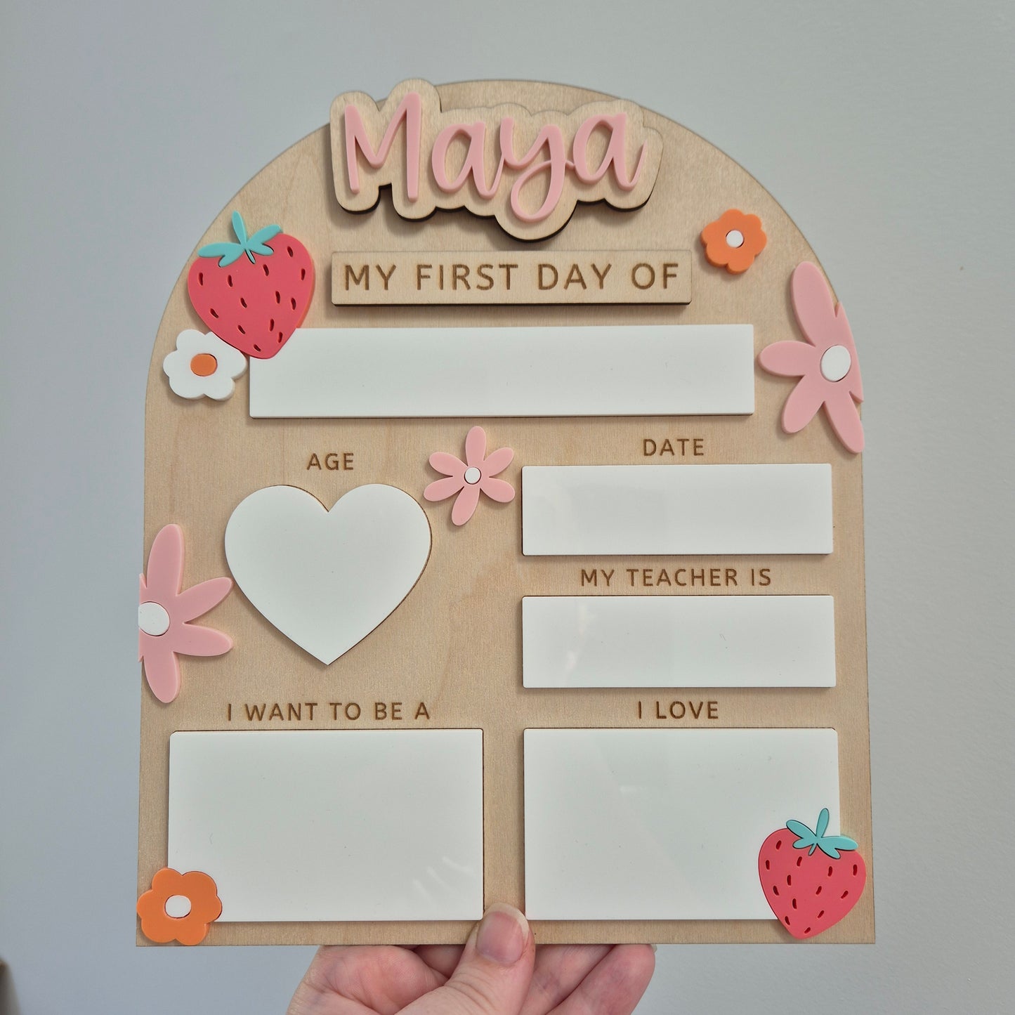 Personalised Strawberry Flowers Back to School Board - Reusable Wooden and Acrylic Sign