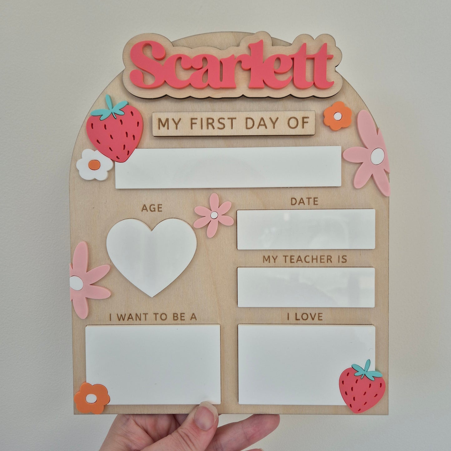 Personalised Strawberry Flowers Back to School Board - Reusable Wooden and Acrylic Sign