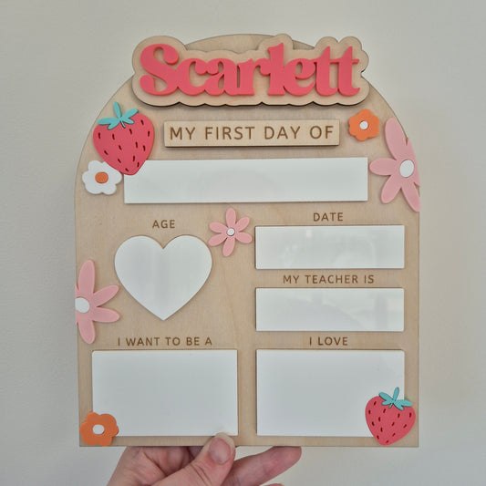 Personalised Strawberry Flowers Back to School Board - Reusable Wooden and Acrylic Sign