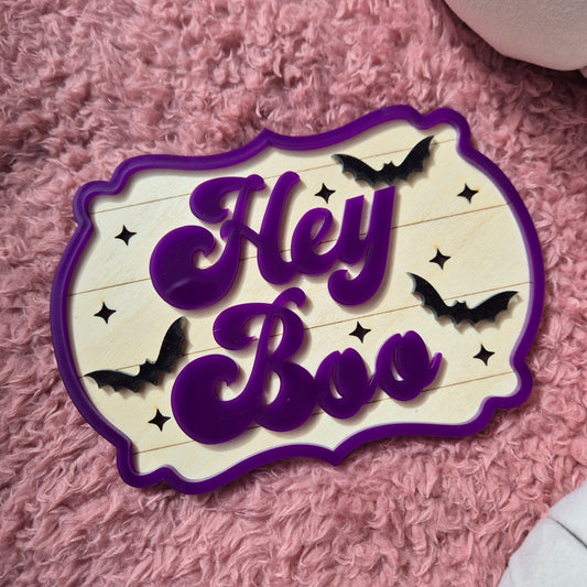 Hey Boo Retro Purple Shelf Sitter | Wooden and Acrylic Halloween Sign